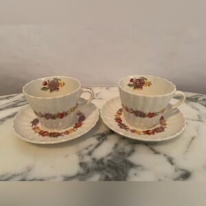 Vintage Copeland Spode Rose Briar 2 Teacups & 2 Saucers Set Chelsea Wicker